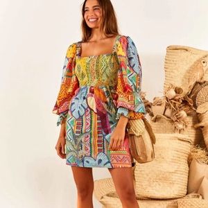 NWT Farm Rio Summer Tapestry Smocked Mini Dress
